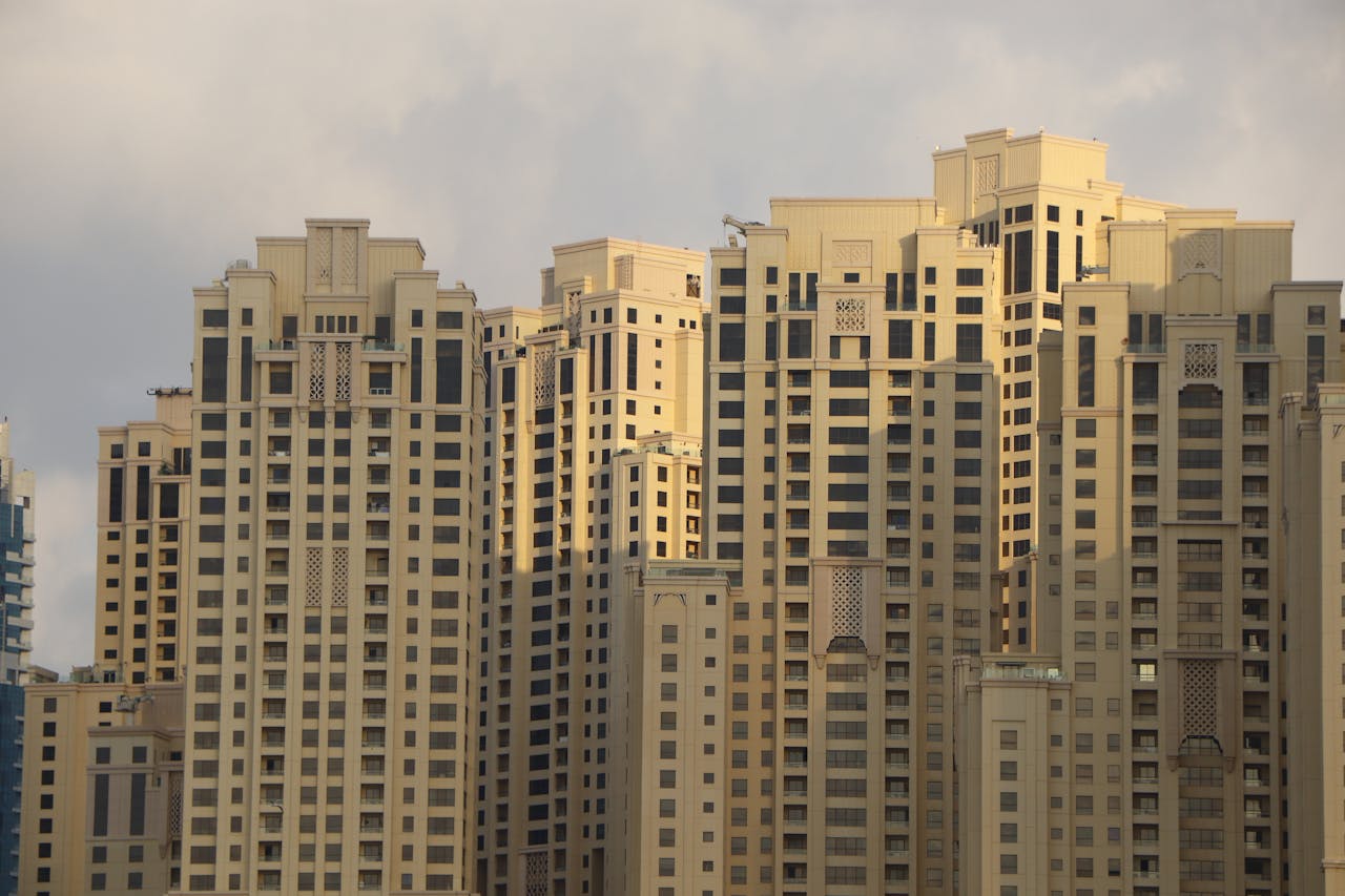 A close-up view of modern high-rise buildings in Dubai Marina, showcasing architectural detail and luxury living.